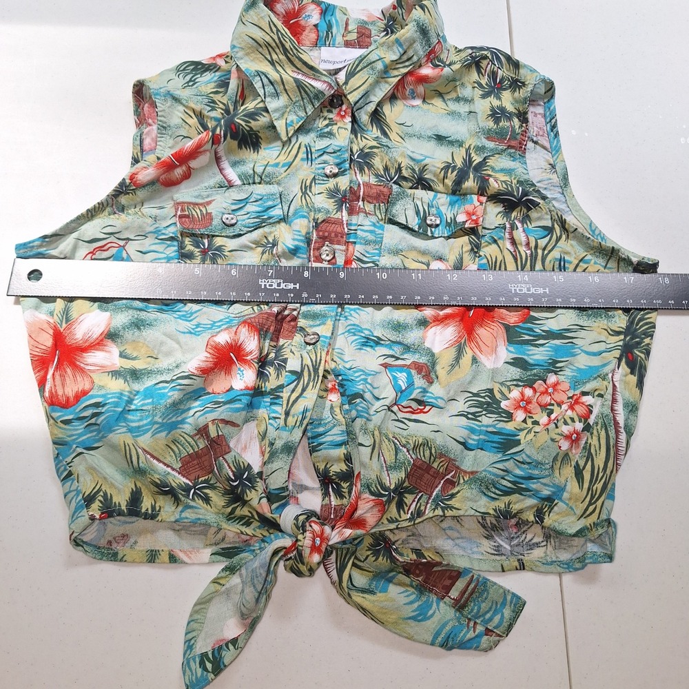 Vintage Newport News Tropical Hibiscus Tie Front Sleeveless Button Up Top S - Picture 11 of 14